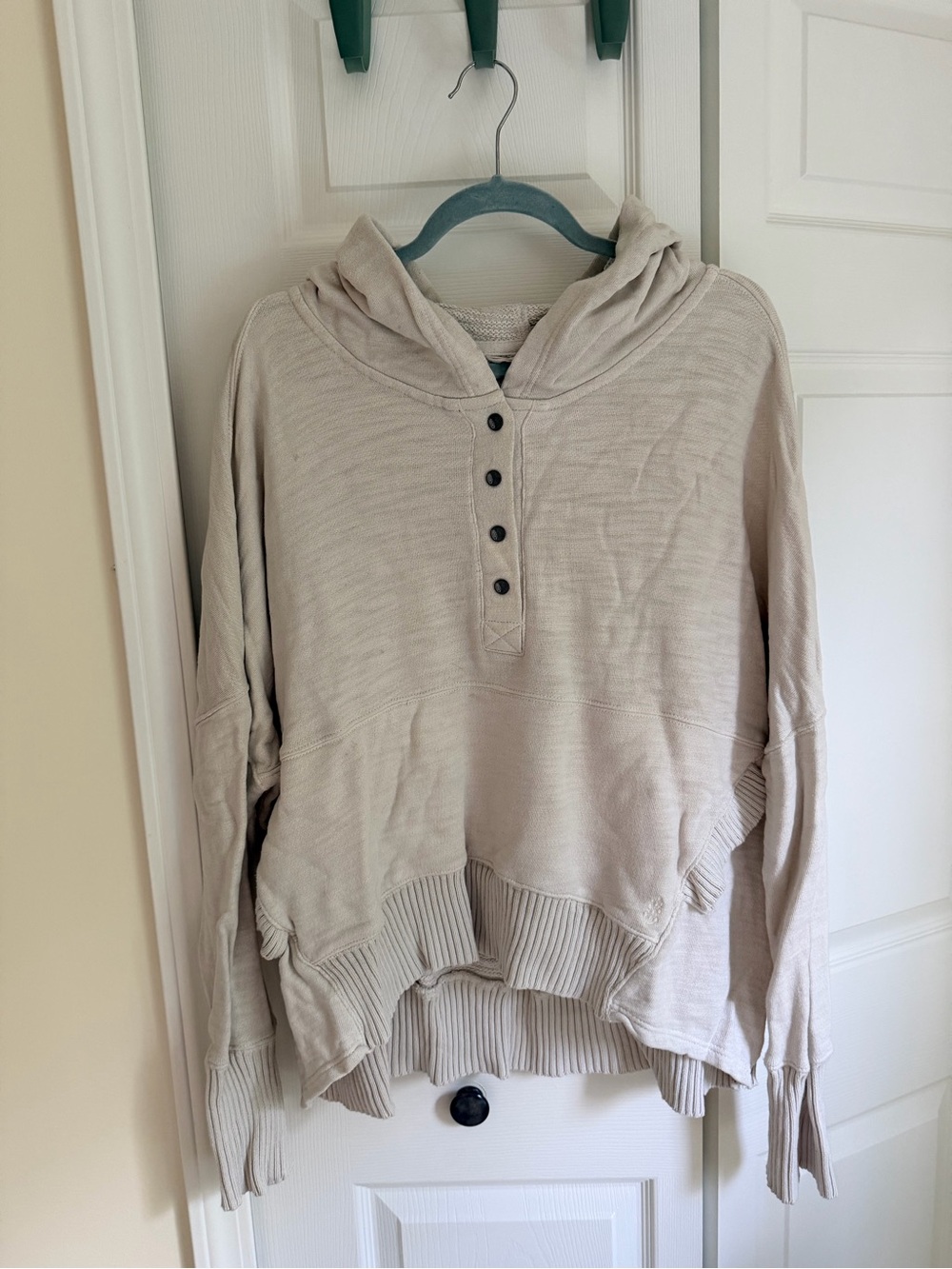 Free People Light Beige Hooded Women's Sweatshirt with Button Placket